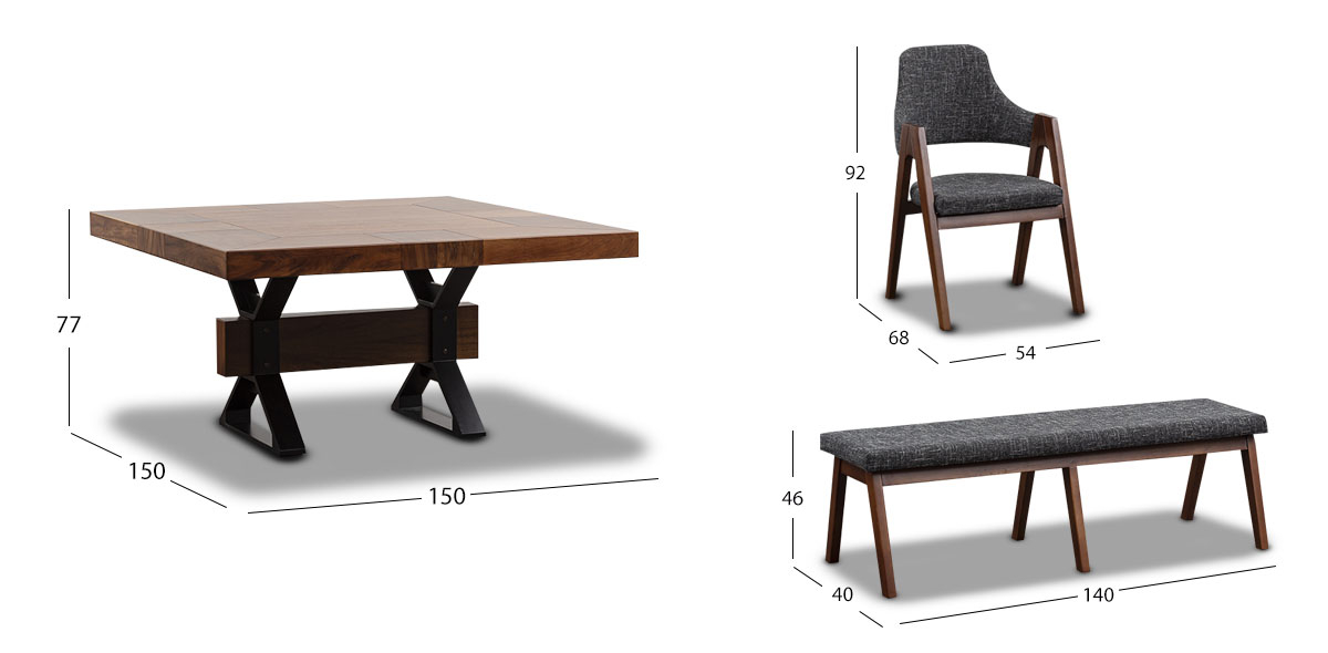 Comedor Cuadrado 150 Cm Estocolmo Con Sillas Y Banca Gris 6 Piezas