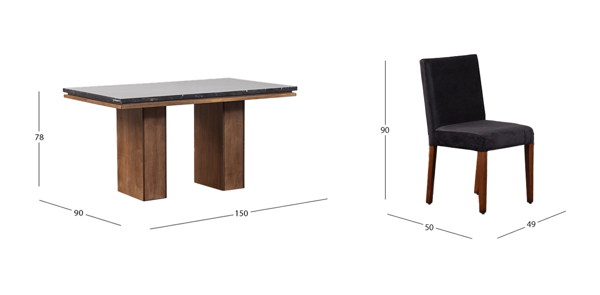Comedor Rectangular De Mármol 150 Cm Alessia Negro 7 Piezas