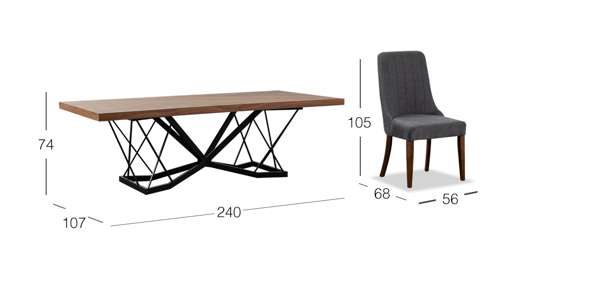 Comedor Rectangular 240 Cm Piastri Gris 7 Piezas