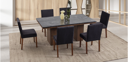 Comedor Rectangular De Mármol 180 Cm Alessia Negro 7 Piezas