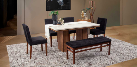 Comedor Rectangular De Mármol 150 Cm Alessia Beige/Negro 6 Piezas