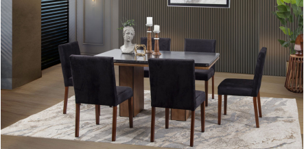 Comedor Rectangular De Mármol 150 Cm Alessia Negro 7 Piezas