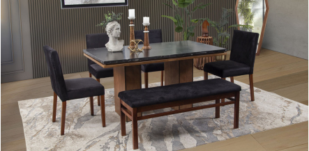 Comedor Rectangular De Mármol 150 Cm Alessia Negro 6 Piezas