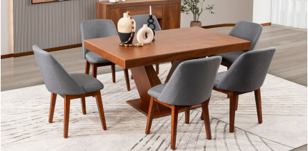 Comedor Volta Nogal Con Sillas Olaf Gris 7 Piezas