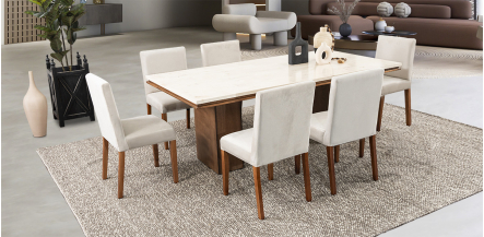 Comedor Rectangular De Mármol 210 Cm Alessia Beige 7 Piezas