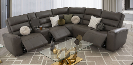 Sala Modular Piel Con Reclinables Eléctricos Y Consola Forli Gris