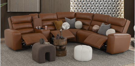 Sala Modular Piel Con Reclinables Eléctricos Y Consola Forli Café