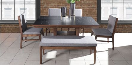 Comedor Rectangular Leiden Negro con 4 Sillas y Banca Gris