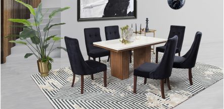 Comedor Rectangular De Mármol 150 Cm Alessia Con Sillas Luxor Negro 7 Piezas