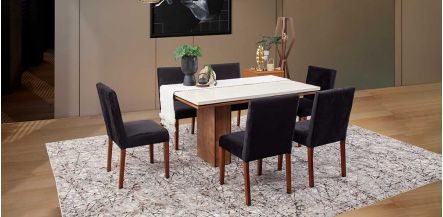 Comedor Rectangular De Mármol Alessia Beige/Negro 7 Piezas