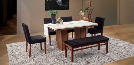 Comedor Rectangular De Mármol 150 Cm Alessia Beige/Negro 6 Piezas