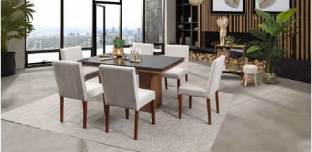 Comedor Rectangular De Mármol 150 Cm Alessia Negro/Beige 7 Piezas