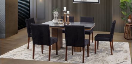 Comedor Rectangular De Mármol 150 Cm Alessia Negro 7 Piezas