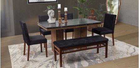 Comedor Rectangular De Mármol 150 Cm Alessia Negro 6 Piezas