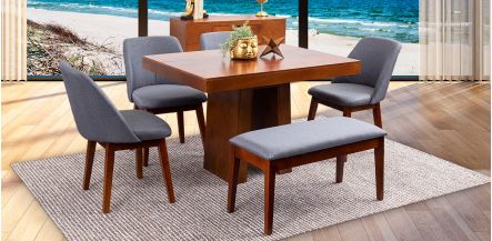 Comedor Odette PL Con Sillas Y Banca Olaf Gris 6 Pzs