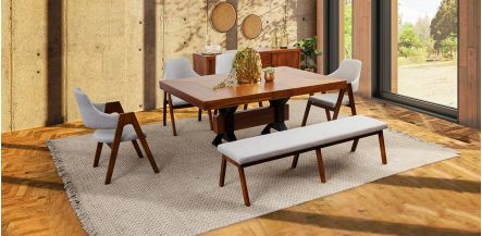 Comedor Rectangular 180 Cm Estocolmo Con Sillas y Banca Plata 6 Piezas