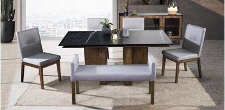 Comedor Rectangular Birmania Con Sillas Y Banca Gris 6 Piezas