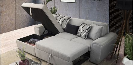 Sala Modular Izquierda con Baúl y Cama Alta Giselle Gris