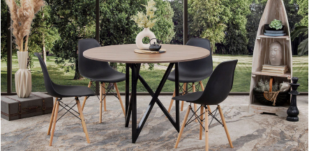 Comedor Redondo Nápoles Parota con Sillas Atlas Negro 5 Piezas