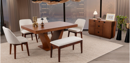 Comedor Volta Nogal Con Sillas Y Banca Olaf Beige 6 Piezas